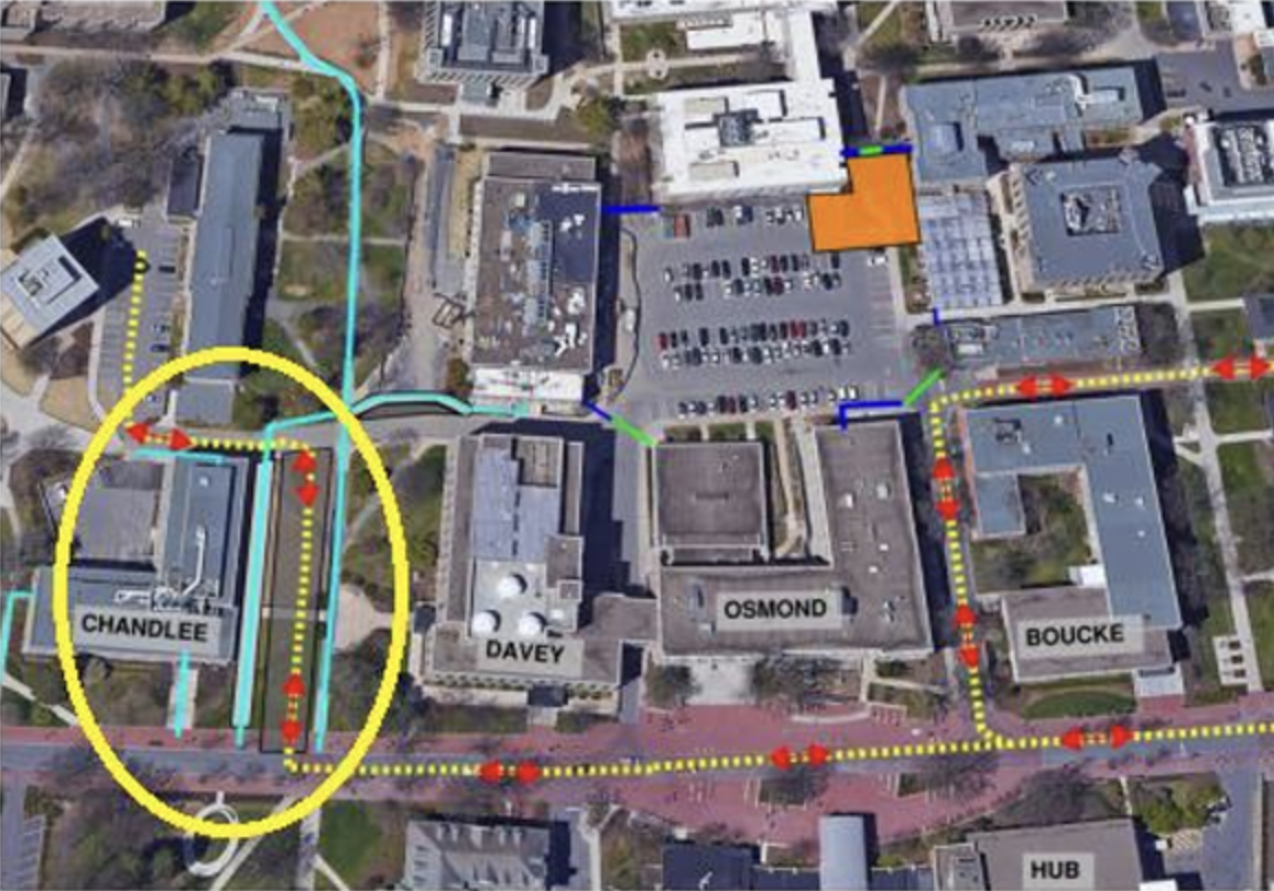 Satellite photo of the Penn State campus with a big circle indicating the location of the access road for Chandlee.